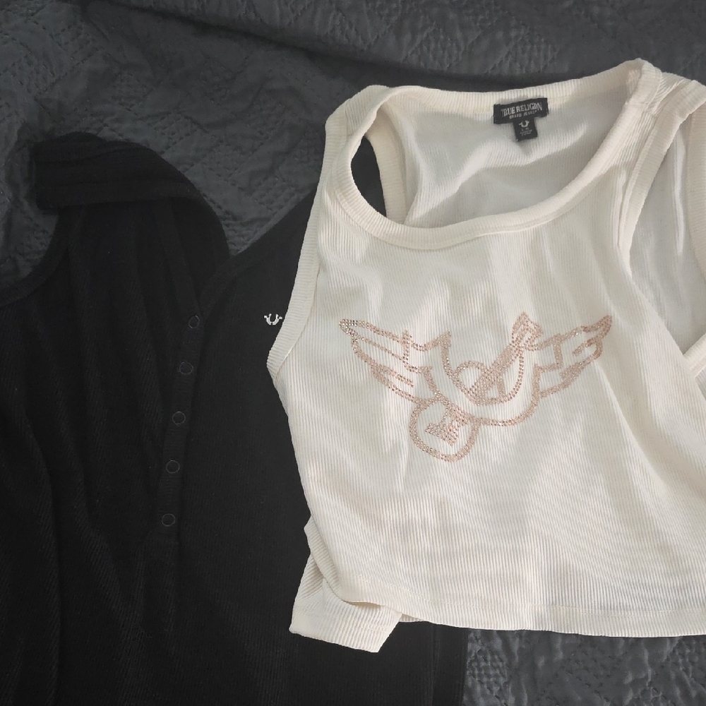 True Religion Black and Cream Tank Tops 3 Tops